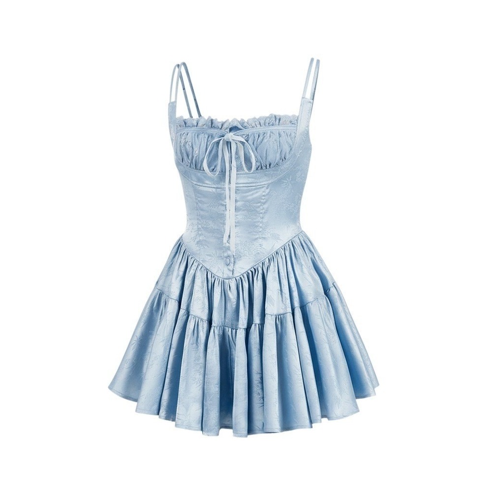 New‎ XS Blue Mini Dress Bow Ruffle Corset Bustier Coquette Regency Cottagecore